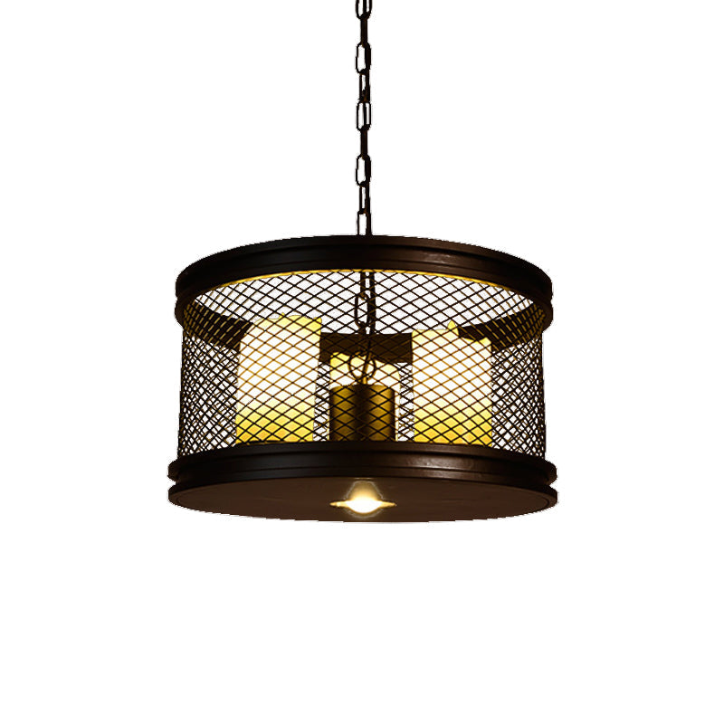 Marina - Industrial Black Drum Shade Chandelier Industrial Metal and Resin 3-Light Living Room Pendant Lighting Fixture with Cage