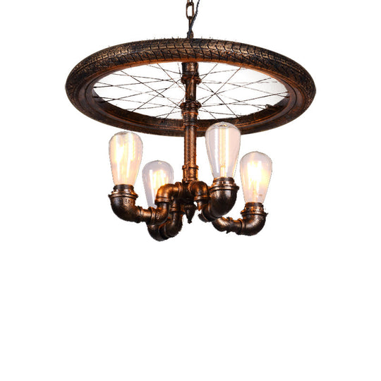 Clara - Retro Wagon Wheel Metal Light Chandelier Retro Rustic 4-Light Dining Room Pendant Lighting in Bronze