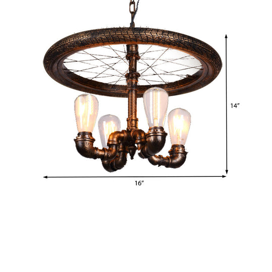 Clara - Retro Wagon Wheel Metal Light Chandelier Retro Rustic 4-Light Dining Room Pendant Lighting in Bronze