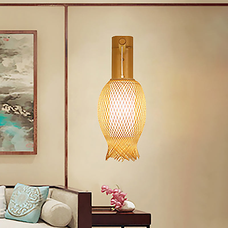 Contemporary Bamboo Wall Sconce Light With Inner White Cylinder Shade