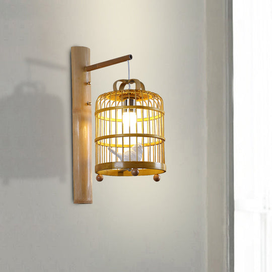 Bamboo Wall Mount Sconce Lamp With Asian Flair - Wood Cage Design 1 Bulb White Bird Deco