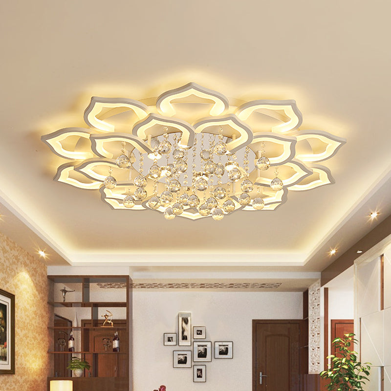 6/16/20 White Flush Mount Ceiling Light for Living Room - Warm/White Light, Floral Acrylic Shade, Crystal Drop