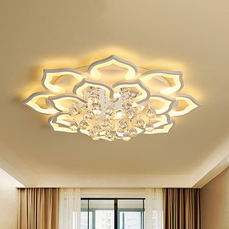 6/16/20 White Flush Mount Ceiling Light for Living Room - Warm/White Light, Floral Acrylic Shade, Crystal Drop