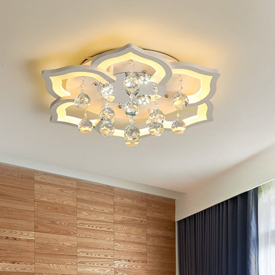 6/16/20 White Flush Mount Ceiling Light for Living Room - Warm/White Light, Floral Acrylic Shade, Crystal Drop