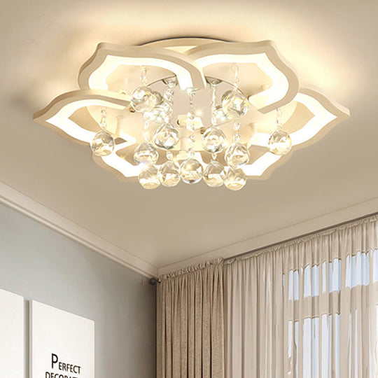 6/16/20 White Flush Mount Ceiling Light for Living Room - Warm/White Light, Floral Acrylic Shade, Crystal Drop