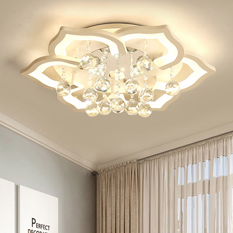 6/16/20 White Flush Mount Ceiling Light For Living Room - Warm/White Floral Acrylic Shade Crystal