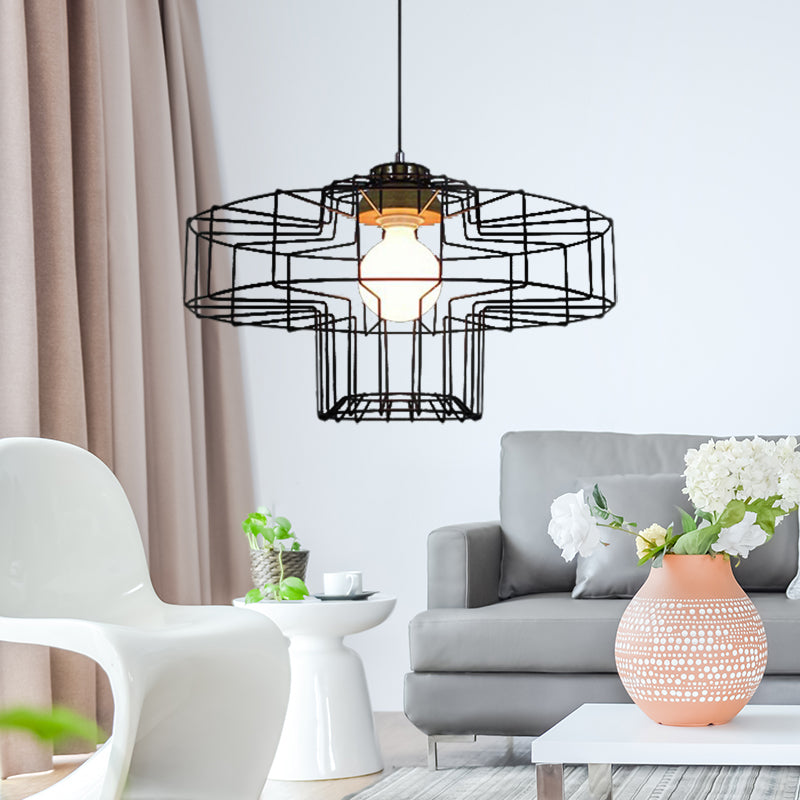 Vintage Black Hanging Pendant Light With Metal Cage Shade For Bedroom - Retro Style Lamp / Drum