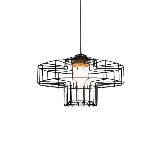 Vintage Black Hanging Pendant Light With Metal Cage Shade For Bedroom - Retro Style Lamp