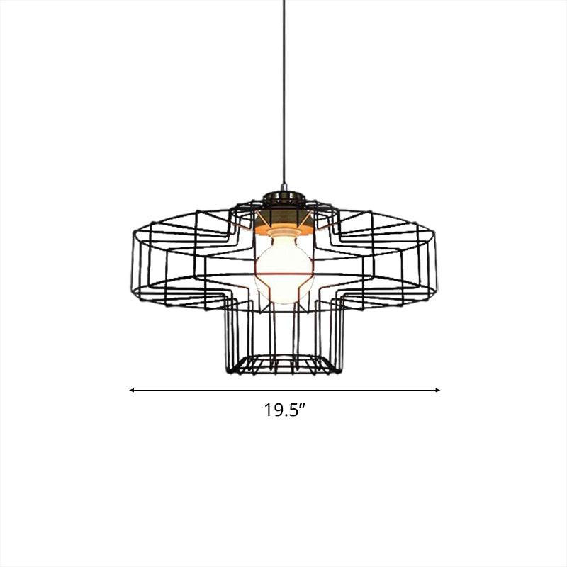 Retro Metal Pendant Light with Barrel/Cylinder Cage Shade - Bedroom Hanging Lamp in Black