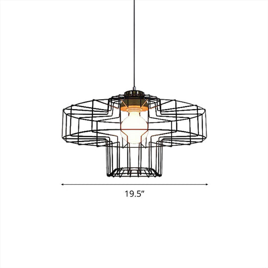 Vintage Black Hanging Pendant Light With Metal Cage Shade For Bedroom - Retro Style Lamp