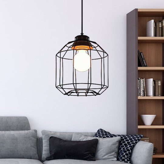 Vintage Black Hanging Pendant Light With Metal Cage Shade For Bedroom - Retro Style Lamp / Cylinder