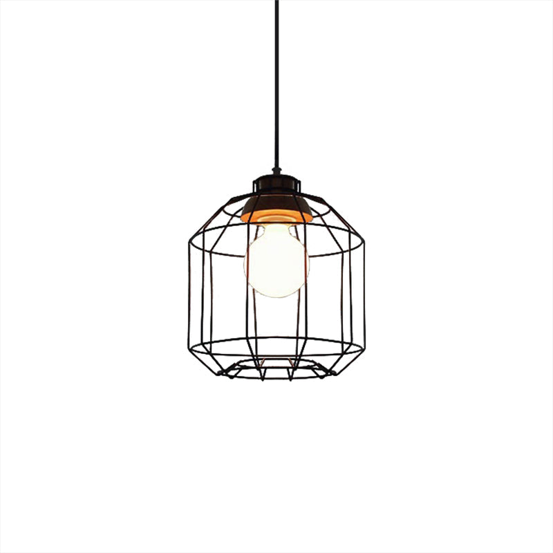 Vintage Black Hanging Pendant Light With Metal Cage Shade For Bedroom - Retro Style Lamp