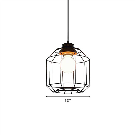 Retro Metal Pendant Light with Barrel/Cylinder Cage Shade - Bedroom Hanging Lamp in Black