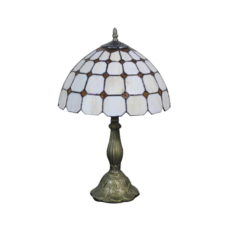 Tiffany Desk Lamp With Bead Glass Single Light - 12/8 Wide Lattice Bowl Design White For Office Or