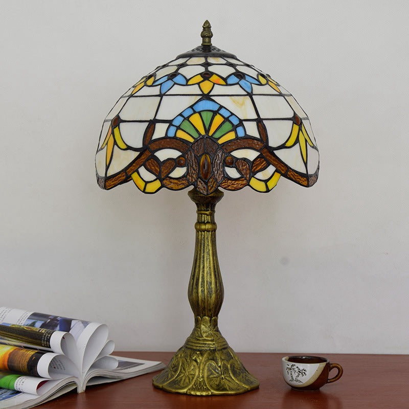 Victorian Tiffany Dome Shade Desk Light - Stained Glass Reading Lamp In Gold/Brown For Bedroom