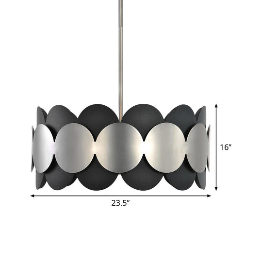 Modern Nordic Black Drum Pendant Light With 6 Bulbs - Metallic Ceiling Chandelier For Bedroom