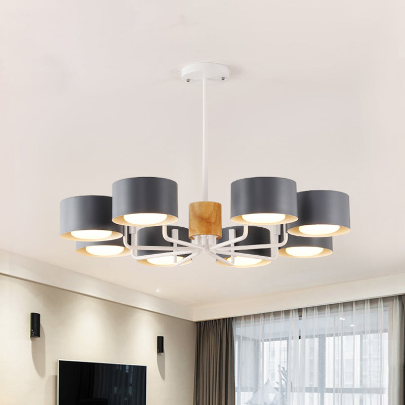 Modernist Grey/Green/White Living Room Chandelier - 8 Heads Radial Pendant Light With Drum Iron