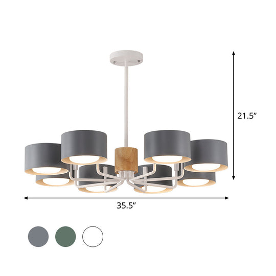 Modernist Grey/Green/White Living Room Chandelier - 8 Heads Radial Pendant Light With Drum Iron