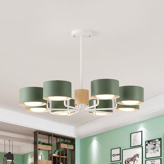 Modernist Grey/Green/White Living Room Chandelier - 8 Heads Radial Pendant Light With Drum Iron