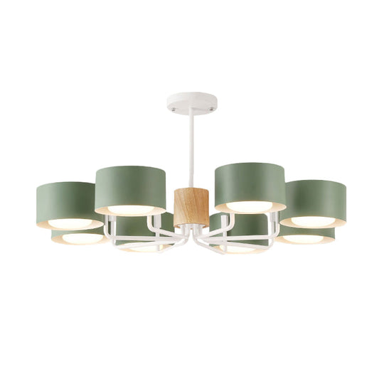 Modernist Grey/Green/White Living Room Chandelier - 8 Heads Radial Pendant Light With Drum Iron