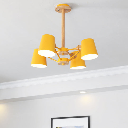 Macaron 4-Light Semi Flush Ceiling Lamp, Pink/Yellow Barrel with Wood Rod