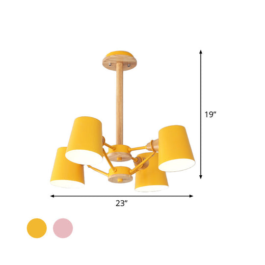 Macaron 4-Light Semi Flush Ceiling Lamp, Pink/Yellow Barrel with Wood Rod