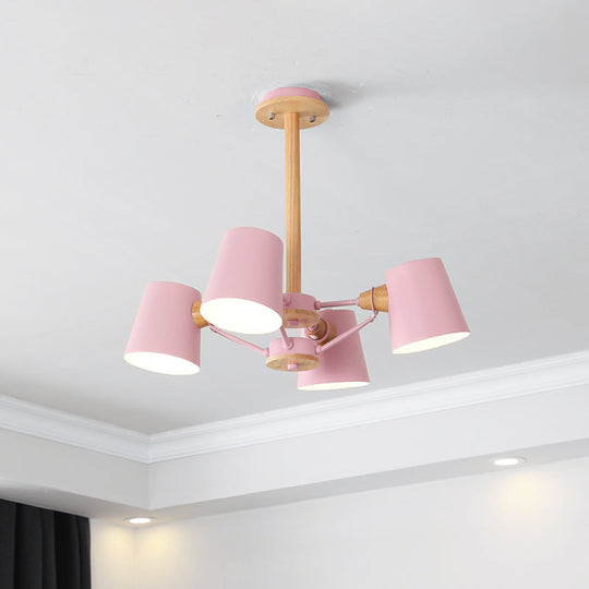 Macaron 4-Light Semi Flush Ceiling Lamp, Pink/Yellow Barrel with Wood Rod