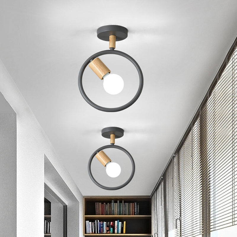 Minimalist Circle Metal Flushmount Light with Wood Arm and 1 Bulb - Grey/Green/White Option