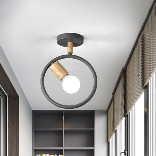 Minimalist Circle Metal Flushmount Light with Wood Arm and 1 Bulb - Grey/Green/White Option