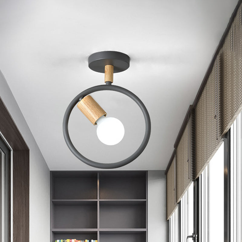 Minimalist Circle Metal Flushmount Light With Wood Arm And 1 Bulb - Grey/Green/White Option