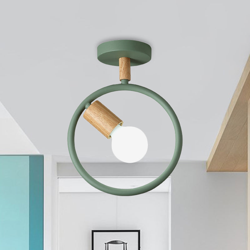 Minimalist Circle Metal Flushmount Light with Wood Arm and 1 Bulb - Grey/Green/White Option