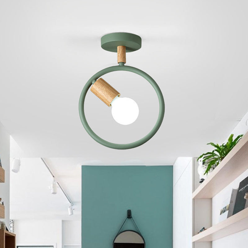 Minimalist Circle Metal Flushmount Light with Wood Arm and 1 Bulb - Grey/Green/White Option