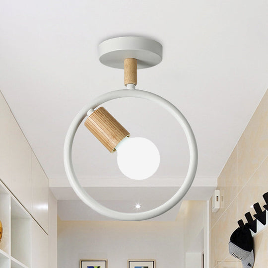 Minimalist Circle Metal Flushmount Light with Wood Arm and 1 Bulb - Grey/Green/White Option