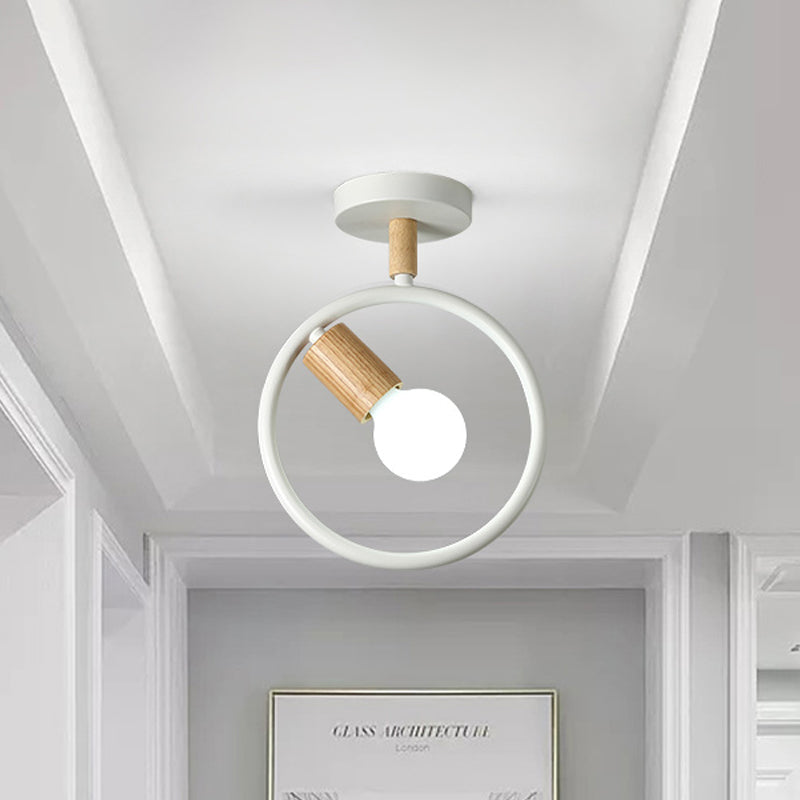 Minimalist Circle Metal Flushmount Light With Wood Arm And 1 Bulb - Grey/Green/White Option