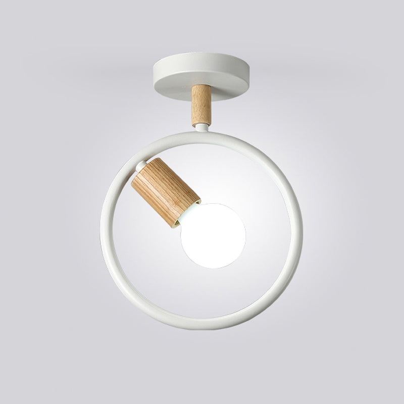 Minimalist Circle Metal Flushmount Light with Wood Arm and 1 Bulb - Grey/Green/White Option