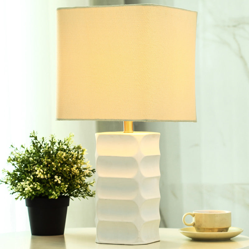 Modernist Small White Desk Lamp - Square Fabric Task Lighting For Living Room