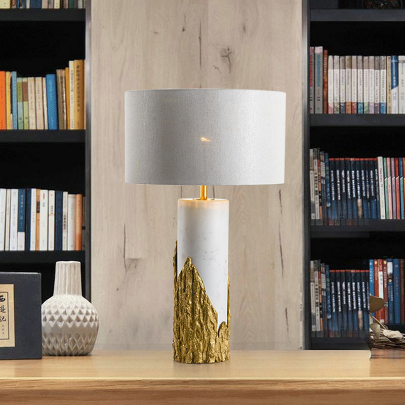 Modern White Nightstand Lamp With Cylinder Fabric Shade - 1 Head Bedside Task Lighting