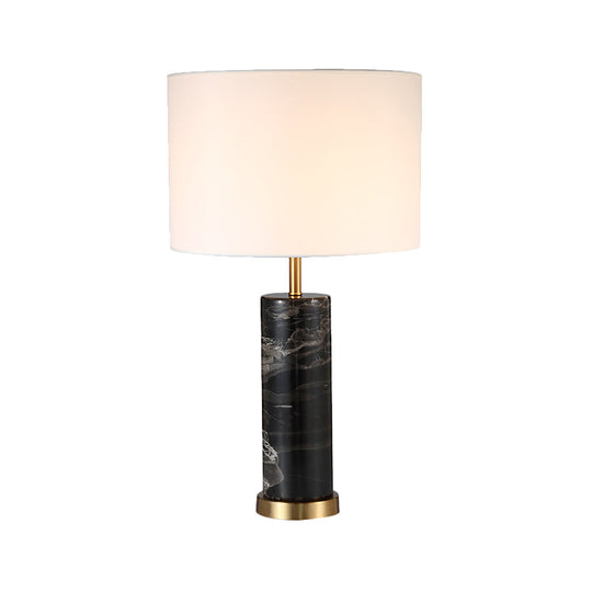 White Cylinder Nordic Table Lamp With Black Marble Base - Task Light 1 Bulb Fabric Nightstand