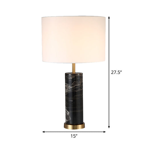 White Cylinder Nordic Table Lamp With Black Marble Base - Task Light 1 Bulb Fabric Nightstand