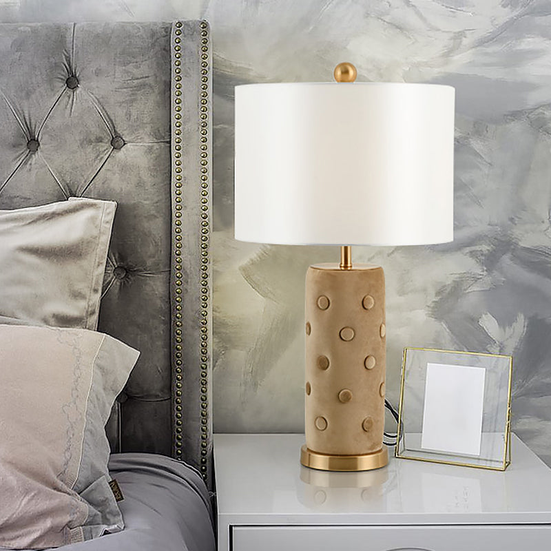 Modern Fabric Night Table Lamp In White With Straight Sided Shade