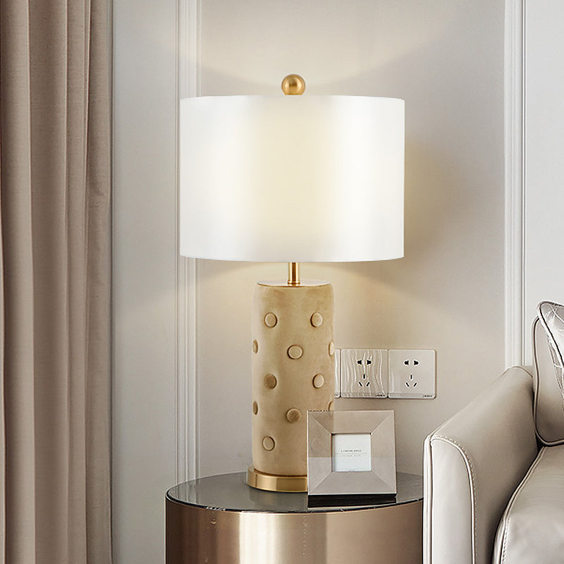 Modern Fabric Night Table Lamp In White With Straight Sided Shade