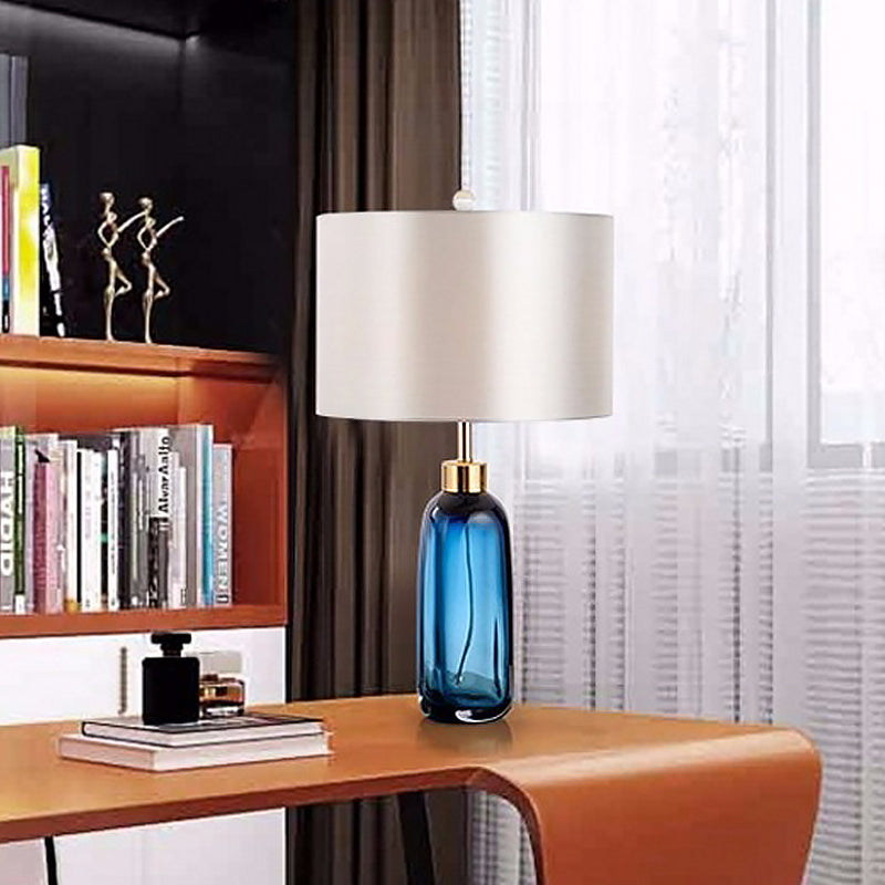 Modern Blue Small Desk Lamp With Cylindrical Fabric Shade - Study Task Lighting