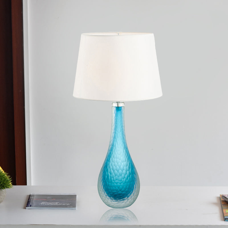 Blue Modernist Nightstand Lamp With Tapered Shade And Reading Light