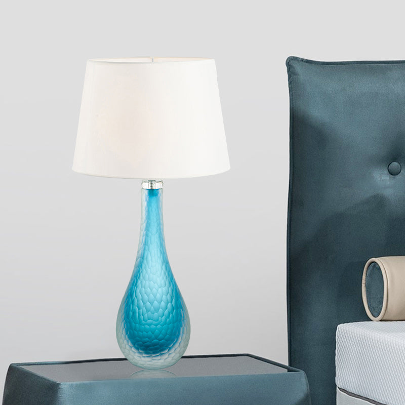 Blue Modernist Nightstand Lamp With Tapered Shade And Reading Light