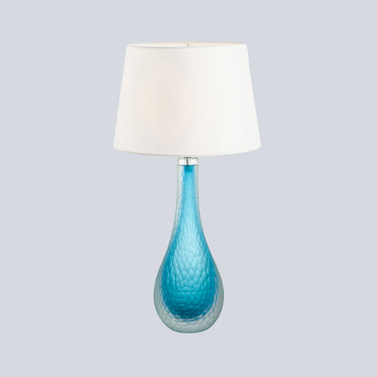 Blue Modernist Nightstand Lamp With Tapered Shade And Reading Light