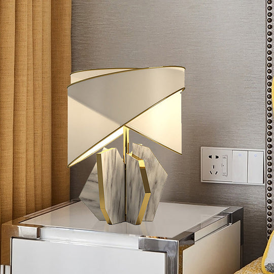 Modernist Fabric Shaded Table Lamp With Geometric Marble Base - Gold Desk Light