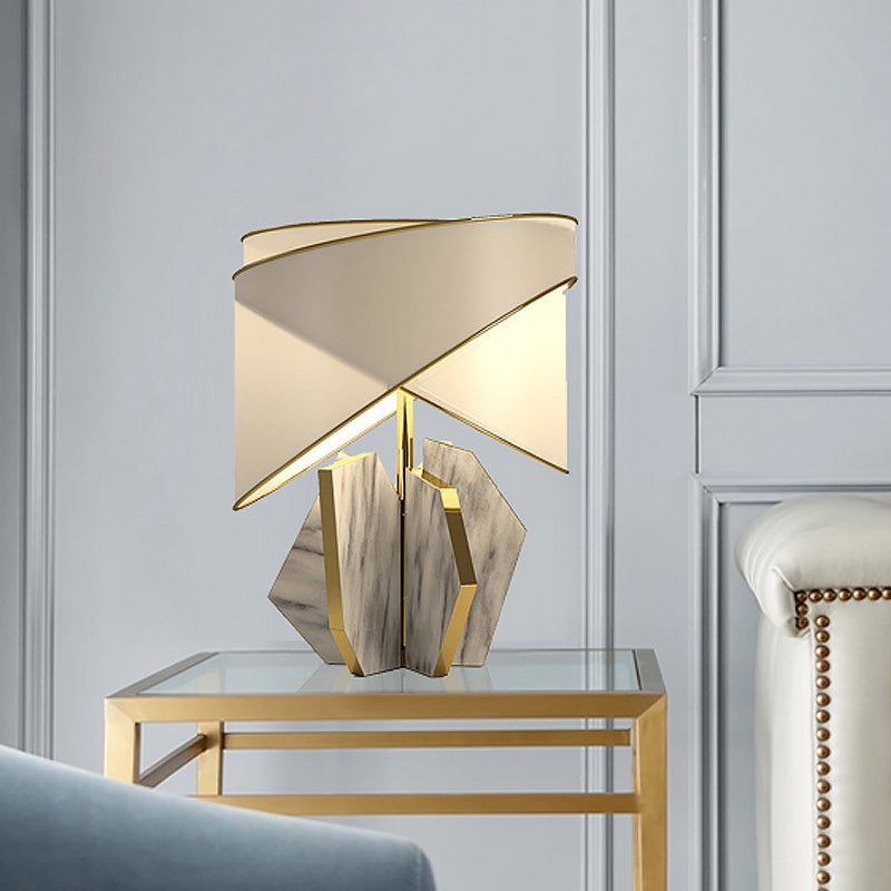 Modernist Fabric Shaded Table Lamp With Geometric Marble Base - Gold Desk Light