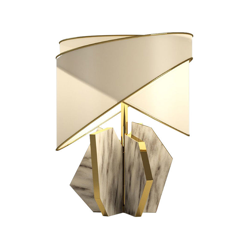 Modernist Fabric Shaded Table Lamp With Geometric Marble Base - Gold Desk Light