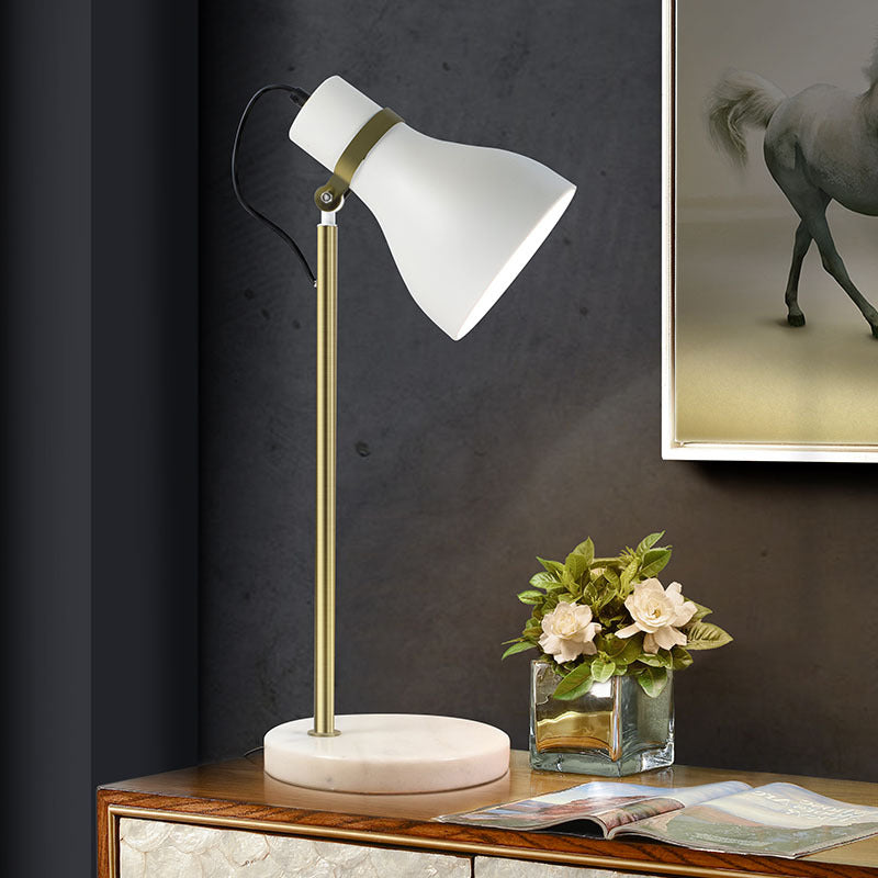 Modern White Table Lamp With Metal Trumpet Shade - Ideal Bedside Task Lighting