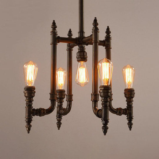 Victoire - Rust Rust 5 Bulbs Chandelier Lighting Antiqued Metallic Radial Pipe Ceiling Hang Fixture for Living Room